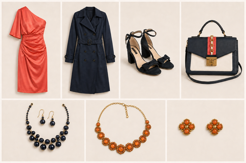 Coral Confidence | DO+BE One-Shoulder Satin Dress 7-Piece Complete Look — Size S