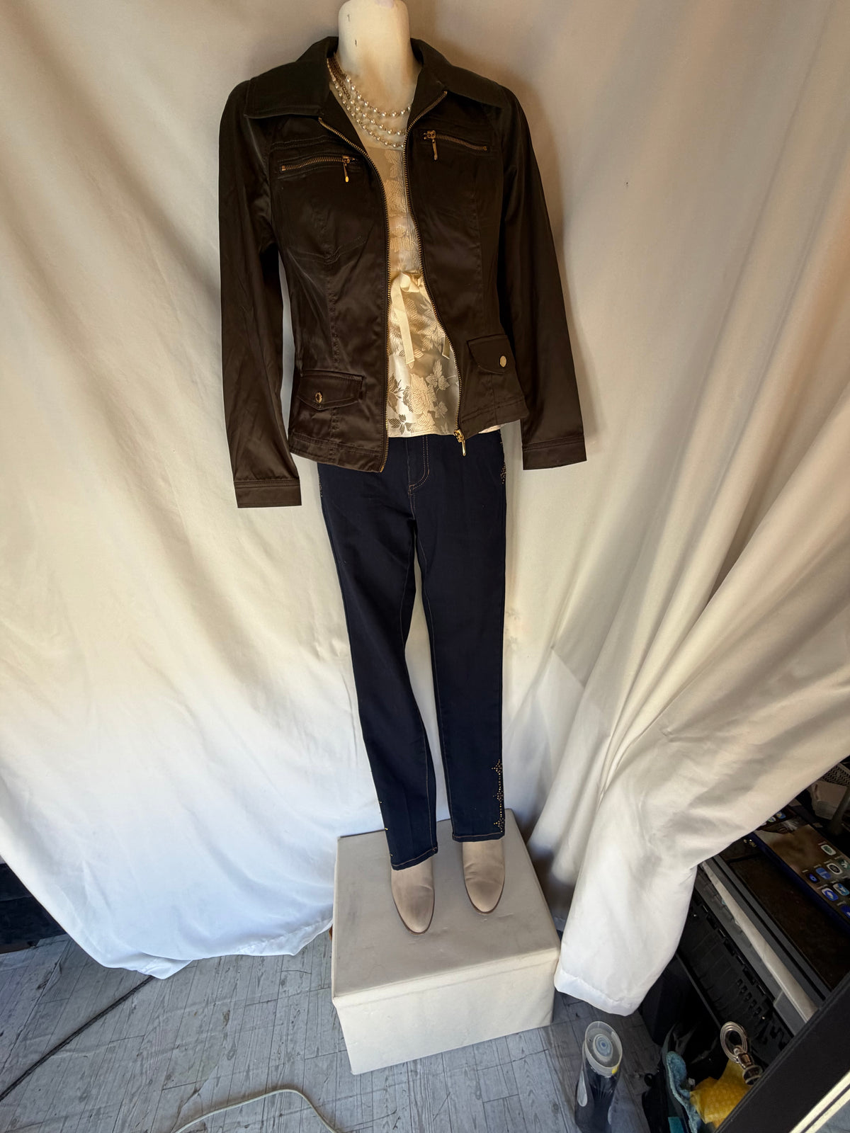 Silk & Skyline | Banana Republic Silk, Embellished Denim & Layered Jacket Look