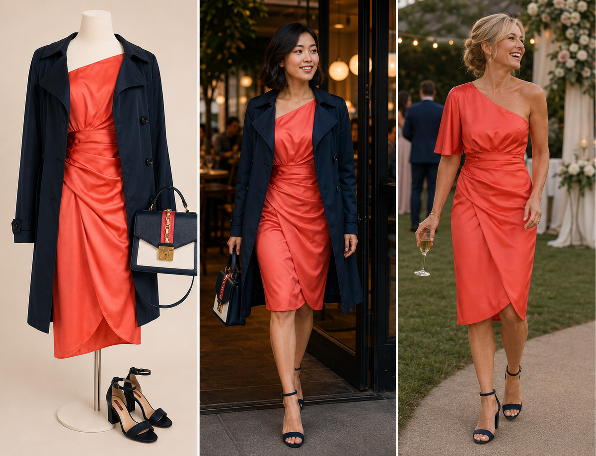Coral Confidence | DO+BE One-Shoulder Satin Dress 7-Piece Complete Look — Size S