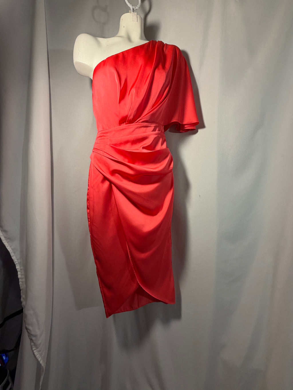 Coral Confidence | DO+BE One-Shoulder Satin Dress 7-Piece Complete Look — Size S