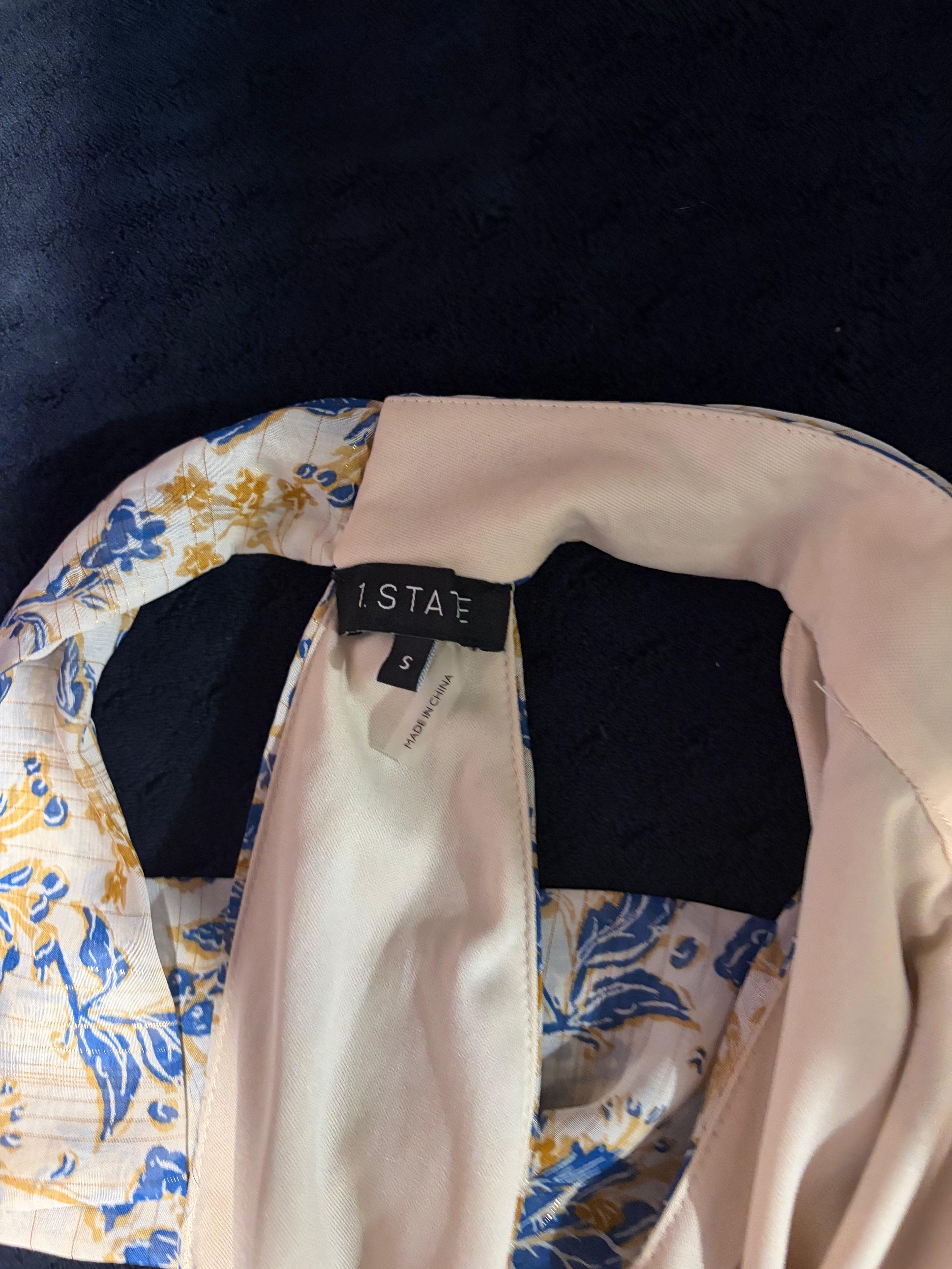 Sunlit Blue Horizon | 1.STATE Blue & Gold Halter Jump Suit— Size S