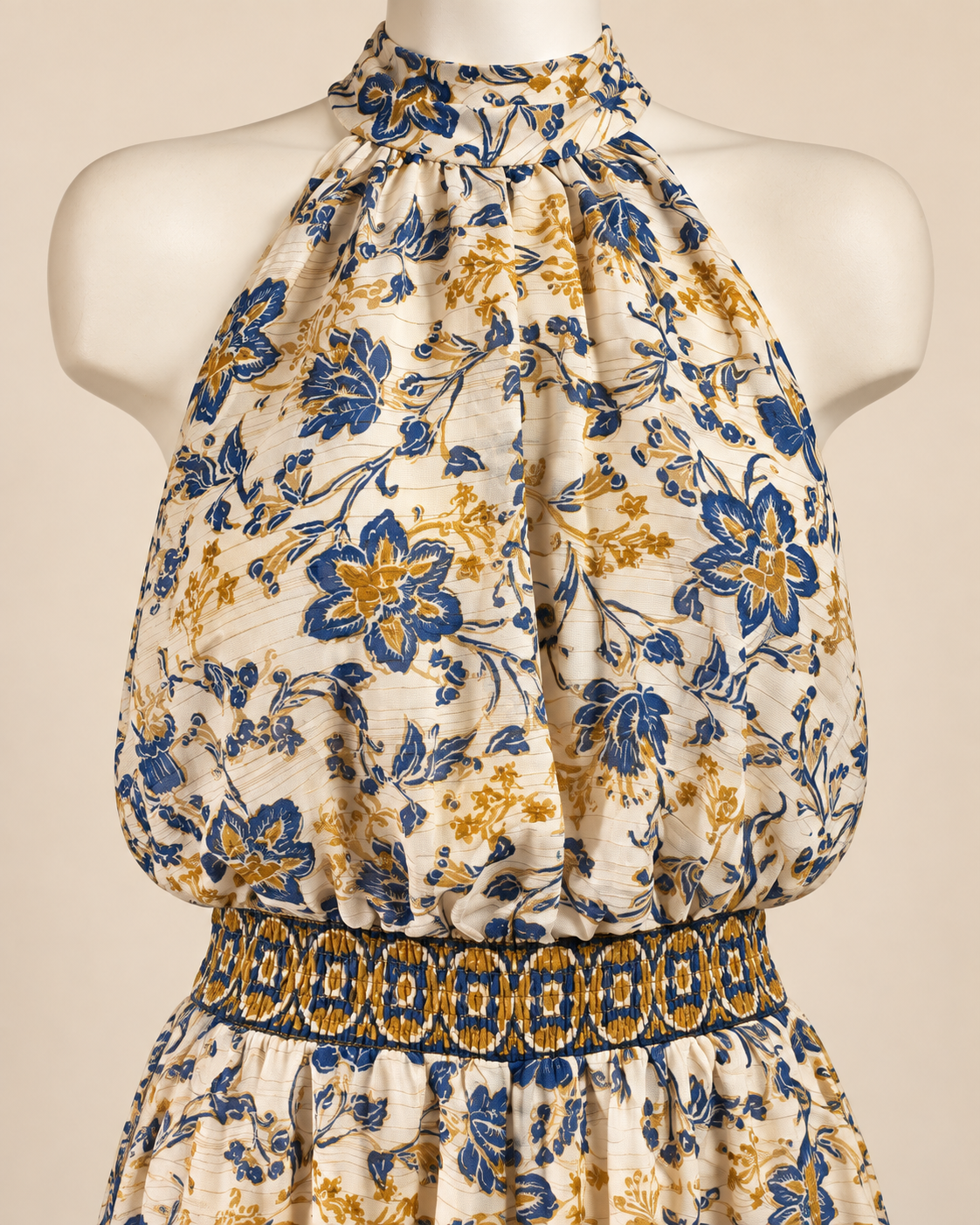 Sunlit Blue Horizon | 1.STATE Blue & Gold Halter Jump Suit— Size S