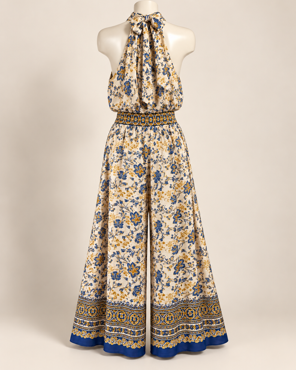 Sunlit Blue Horizon | 1.STATE Blue & Gold Halter Jump Suit— Size S