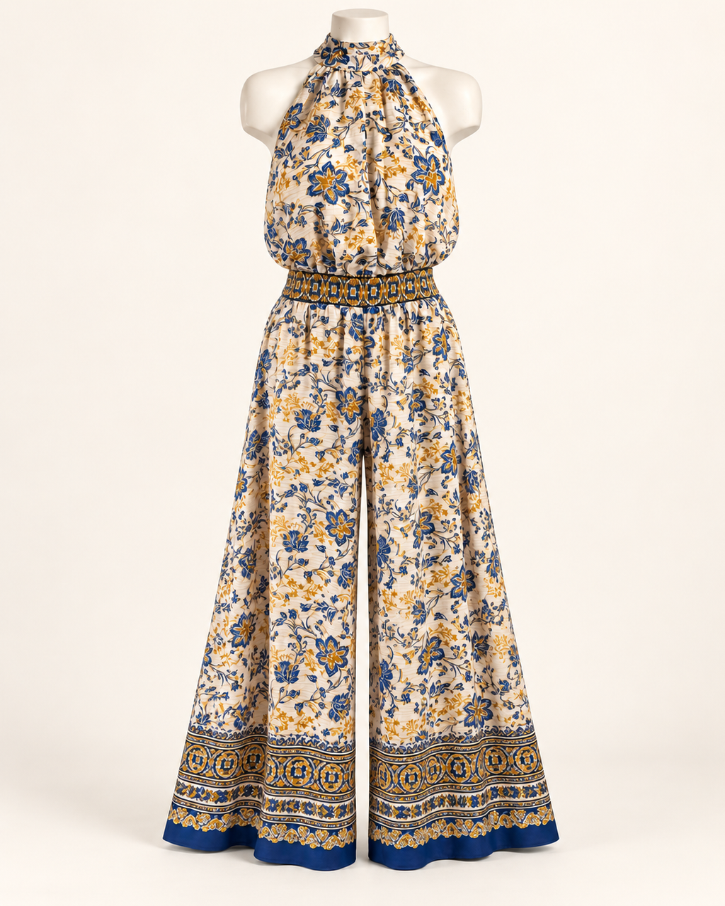 Sunlit Blue Horizon | 1.STATE Blue & Gold Halter Jump Suit— Size S