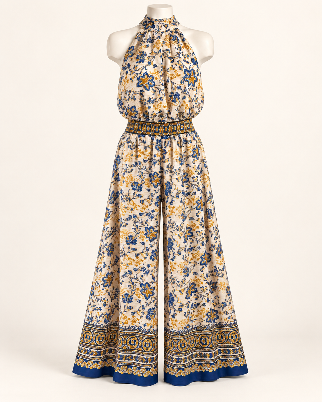 Sunlit Blue Horizon | 1.STATE Blue & Gold Halter Jump Suit— Size S
