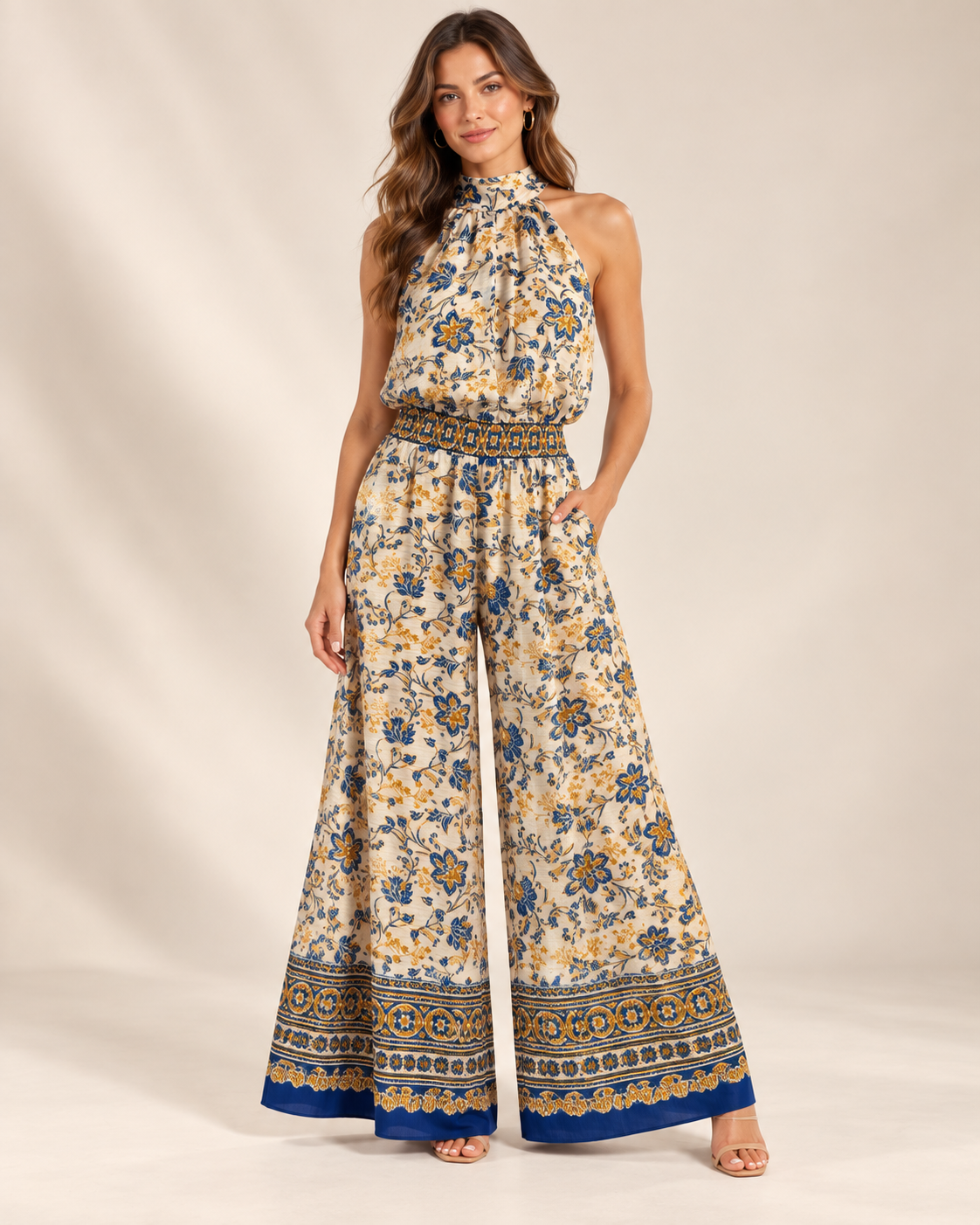 Sunlit Blue Horizon | 1.STATE Blue & Gold Halter Jump Suit— Size S