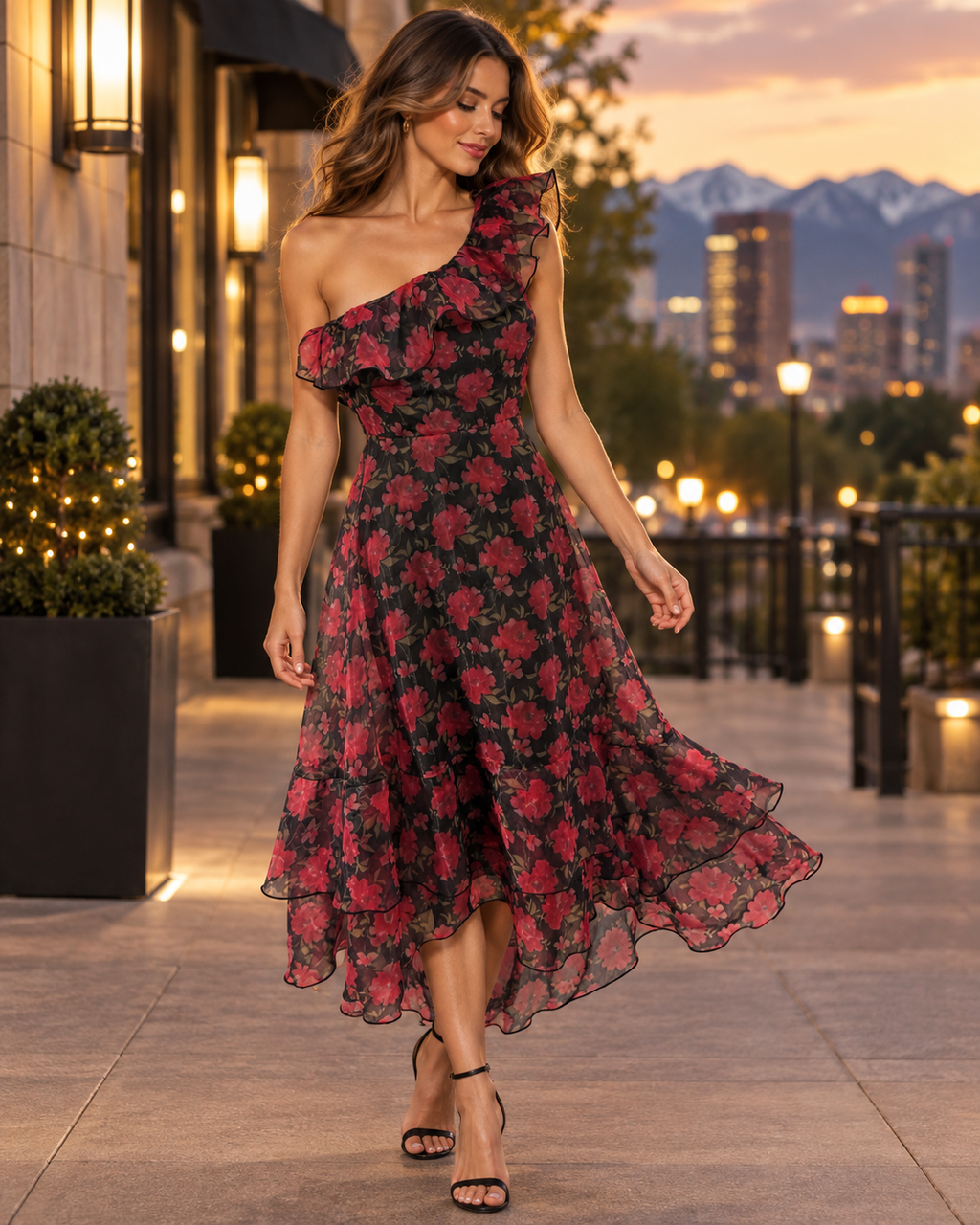 After the Roses Fall | Lulus Black & Rose Floral One-Shoulder Ruffle Dress