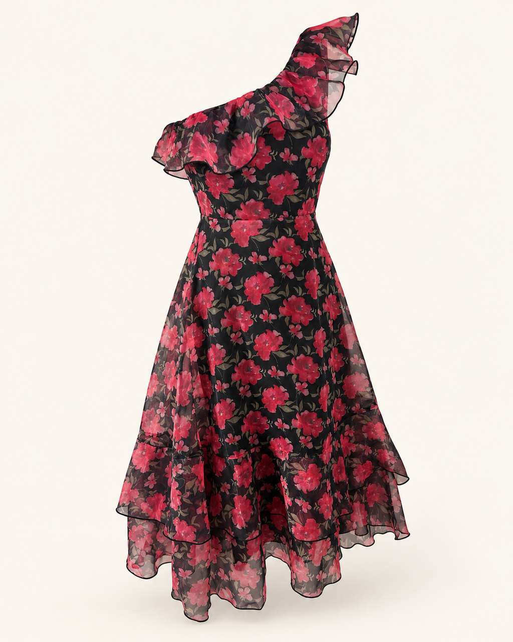 After the Roses Fall | Lulus Black & Rose Floral One-Shoulder Ruffle Dress