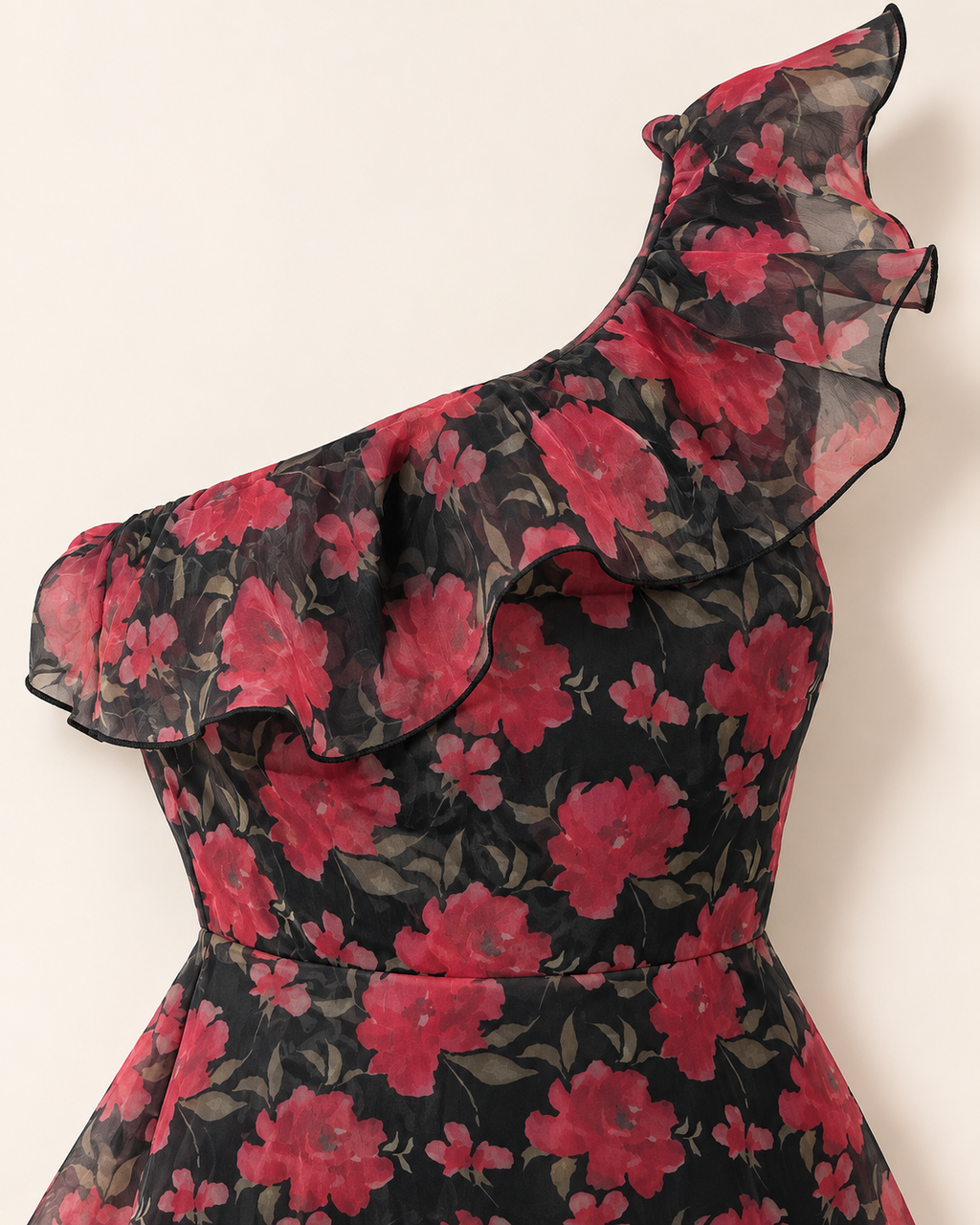 After the Roses Fall | Lulus Black & Rose Floral One-Shoulder Ruffle Dress
