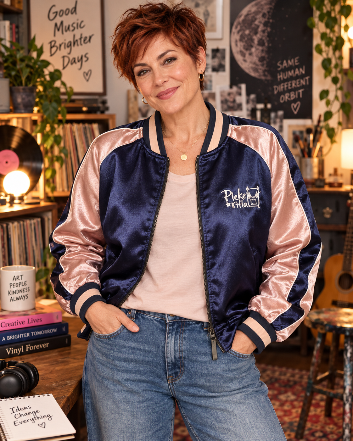 Orbit Rebel - PIEKERTTIA Rare Embroidered Satin Bomber Jacket – Navy & Blush – Size M