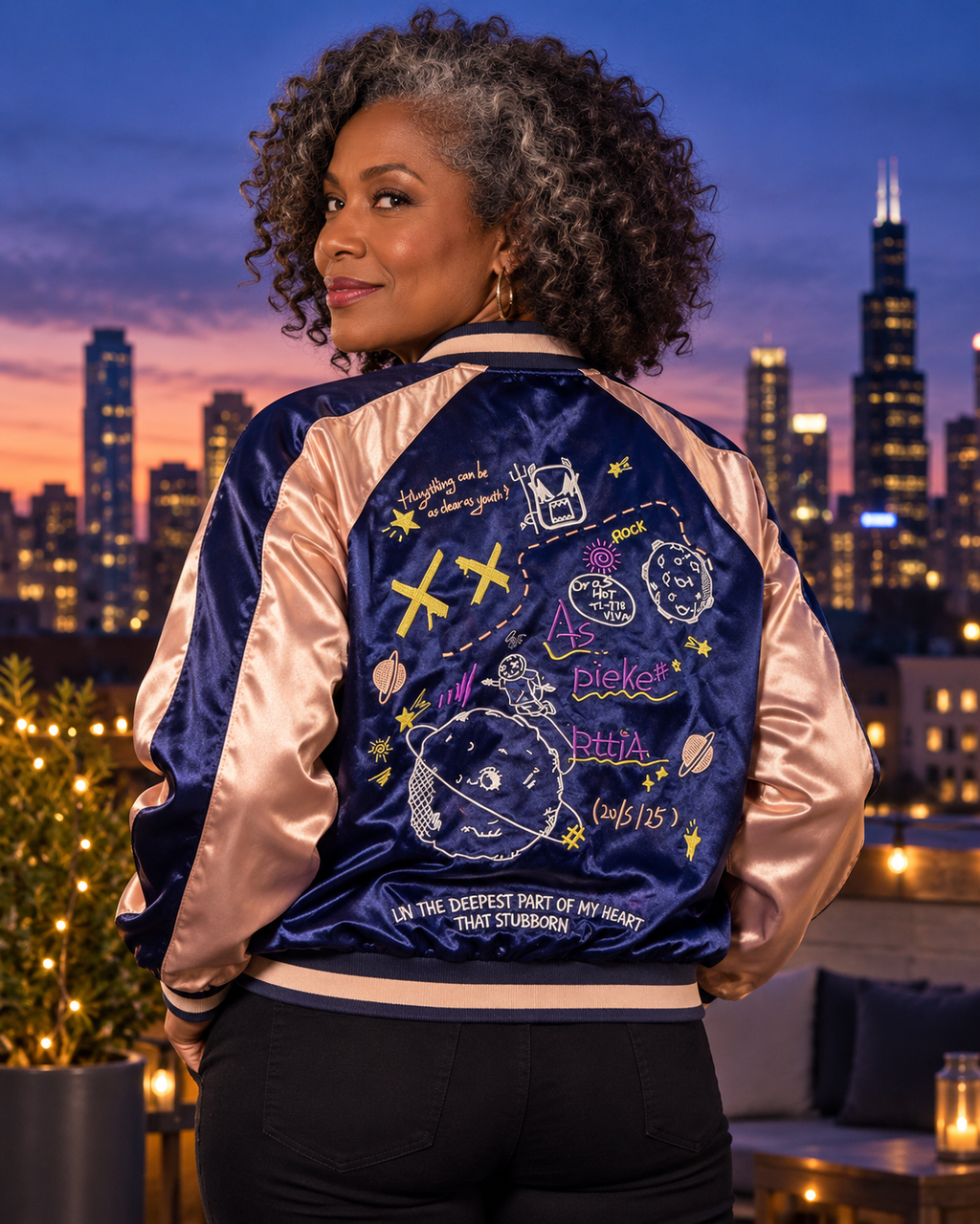 Orbit Rebel - PIEKERTTIA Rare Embroidered Satin Bomber Jacket – Navy & Blush – Size M