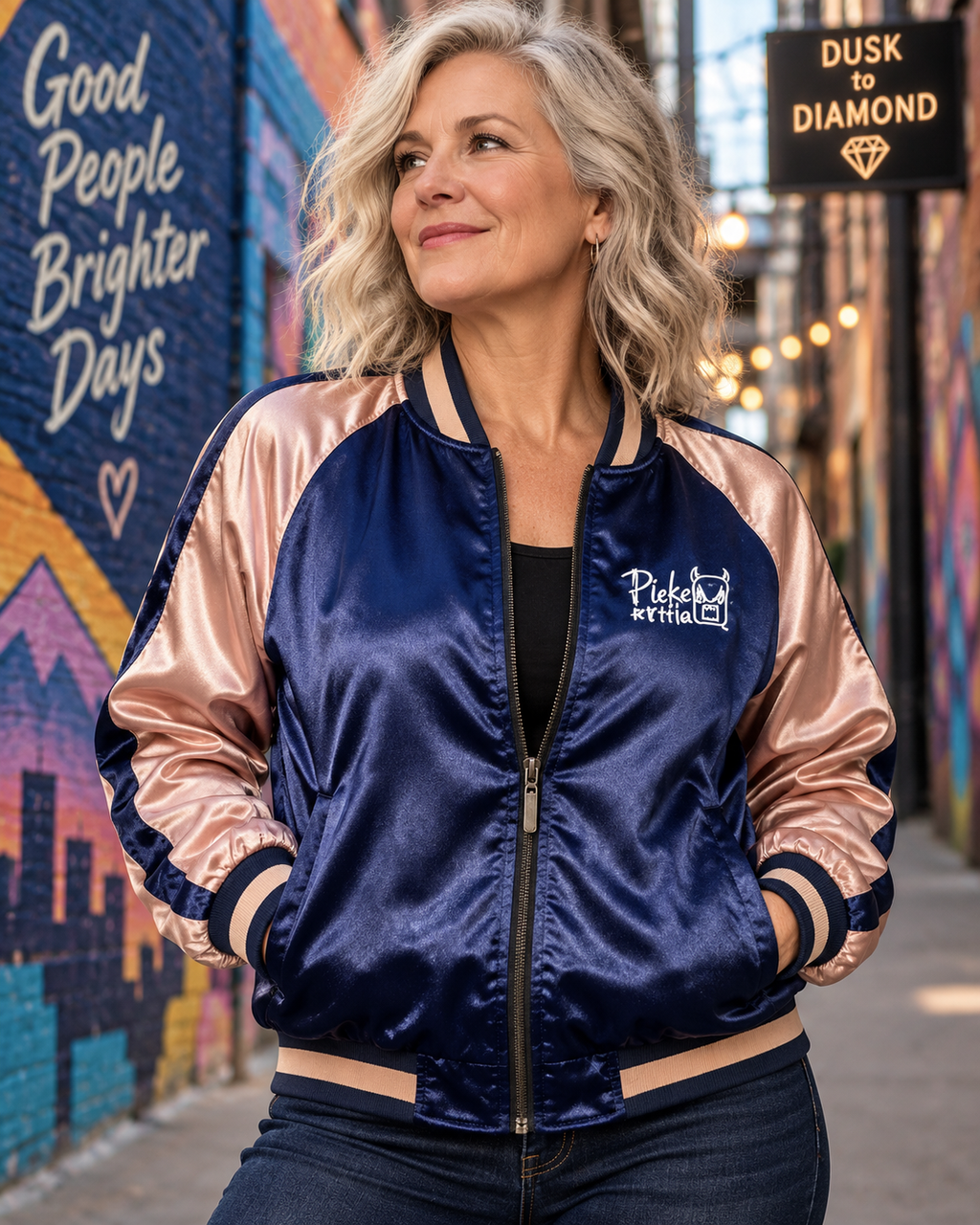 Orbit Rebel - PIEKERTTIA Rare Embroidered Satin Bomber Jacket – Navy & Blush – Size M