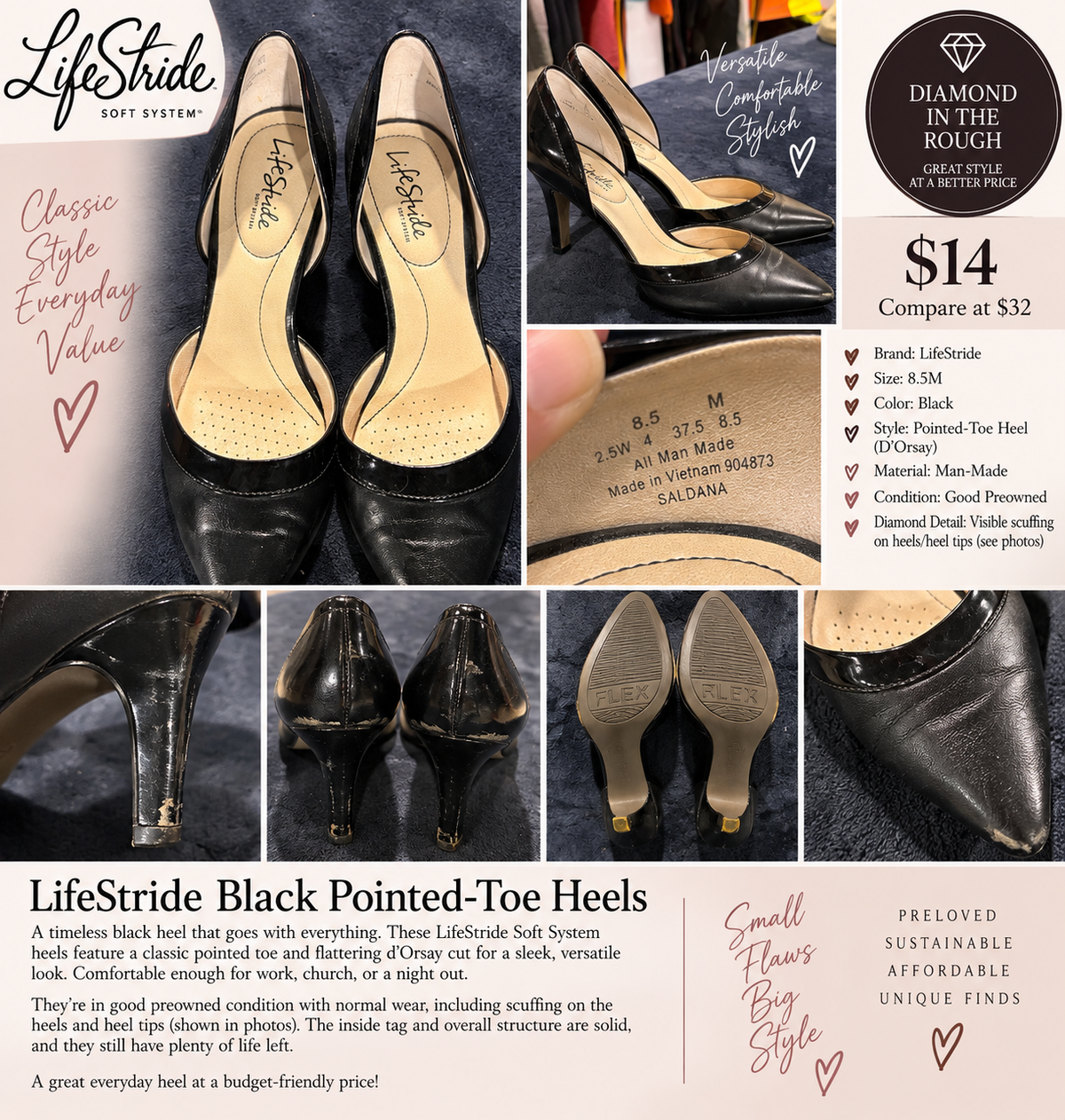 Diamond in the Rough: LifeStride Black Pointed-Toe Heels — 8.5M