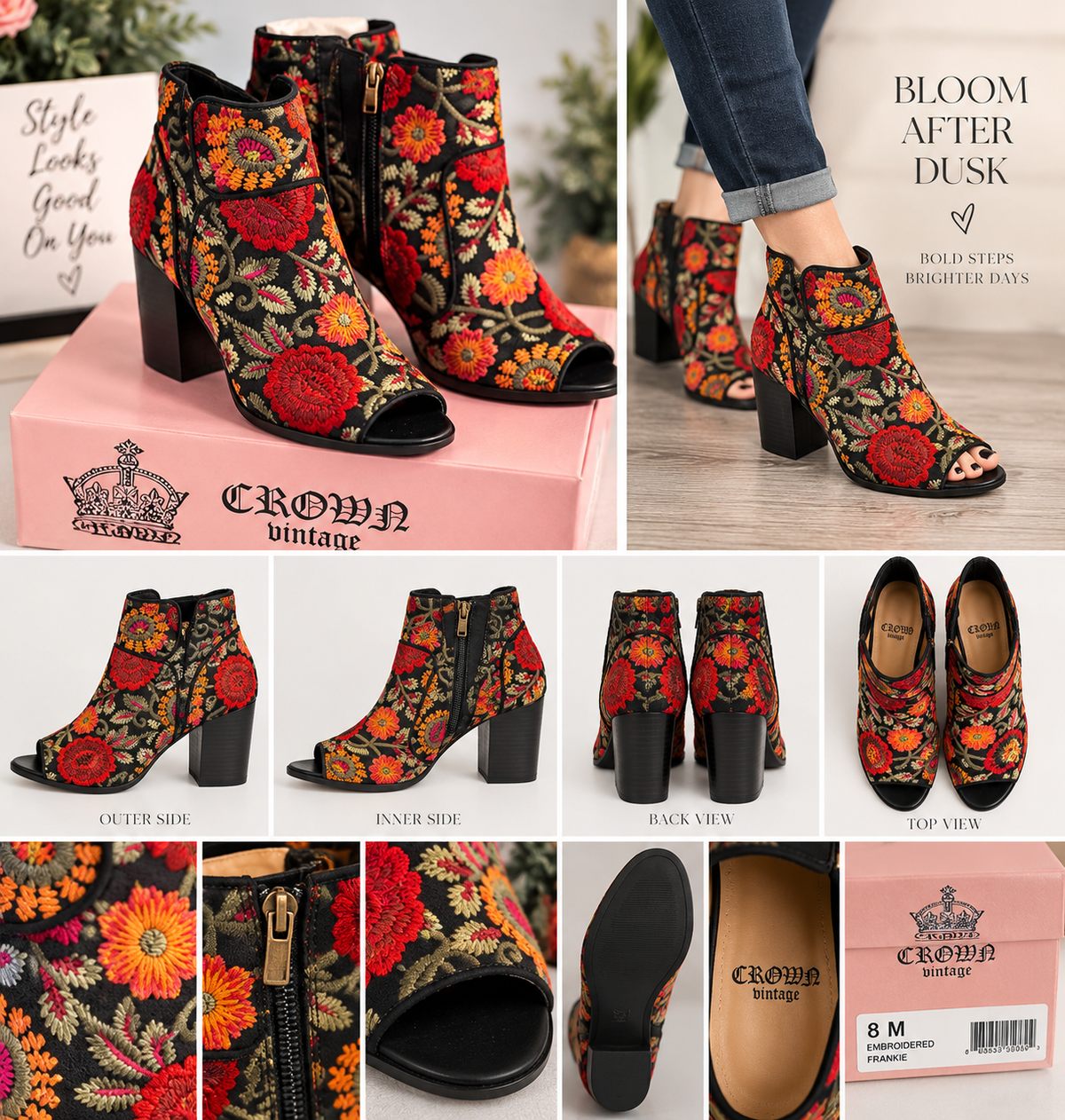 Bloom After Dusk | Crown Vintage Frankie Embroidered Booties – Size 8 NIB