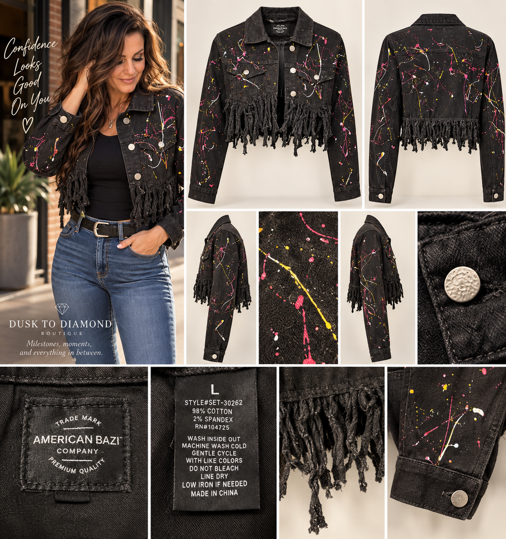 After Midnight | American Bazi Paint-Splatter Fringe Denim Jacket – Size L