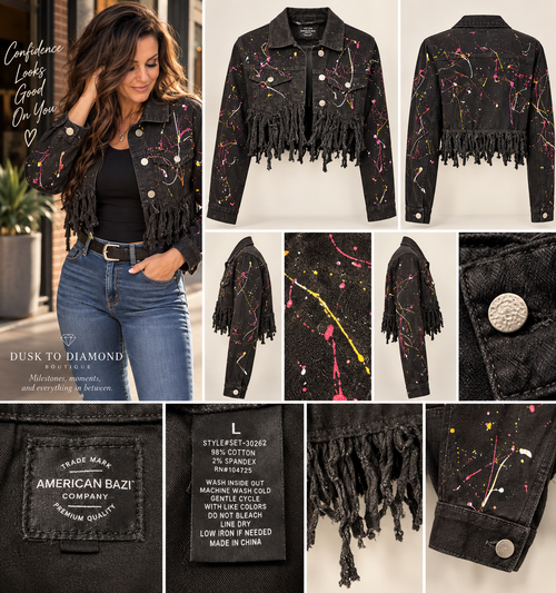 After Midnight | American Bazi Paint-Splatter Fringe Denim Jacket – Size L