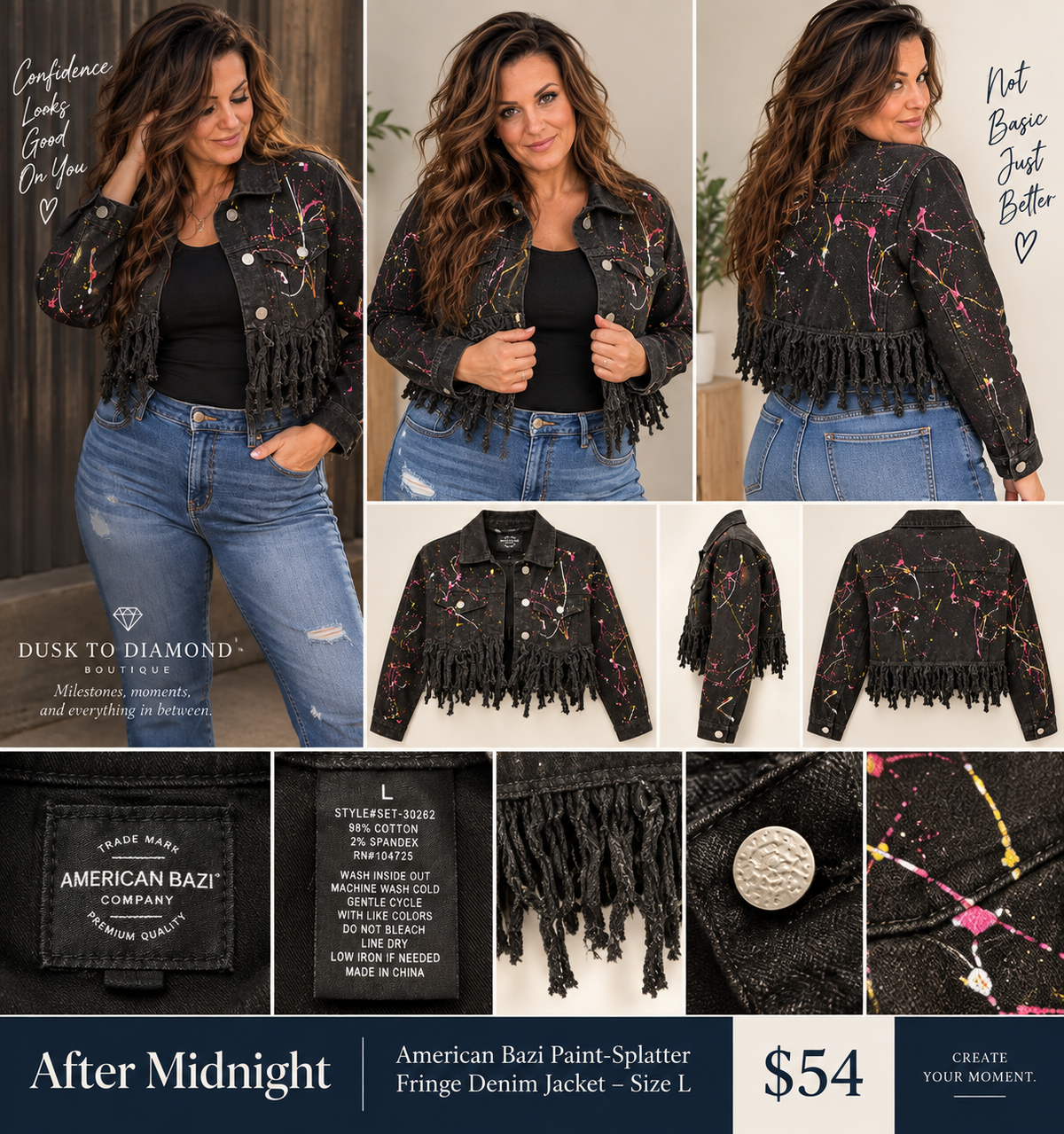 After Midnight | American Bazi Paint-Splatter Fringe Denim Jacket – Size L