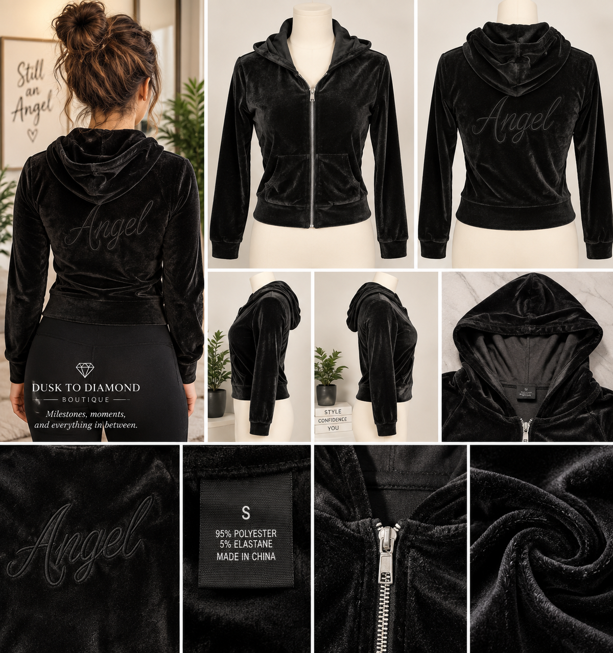 Angel Energy | Black Velour Zip Hoodie – Size Small