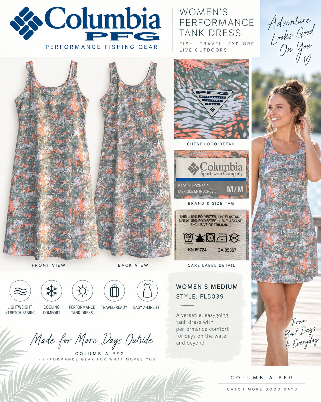 Columbia PFG Freezer III Tank Dress | Women’s Medium | Sage Multi Print