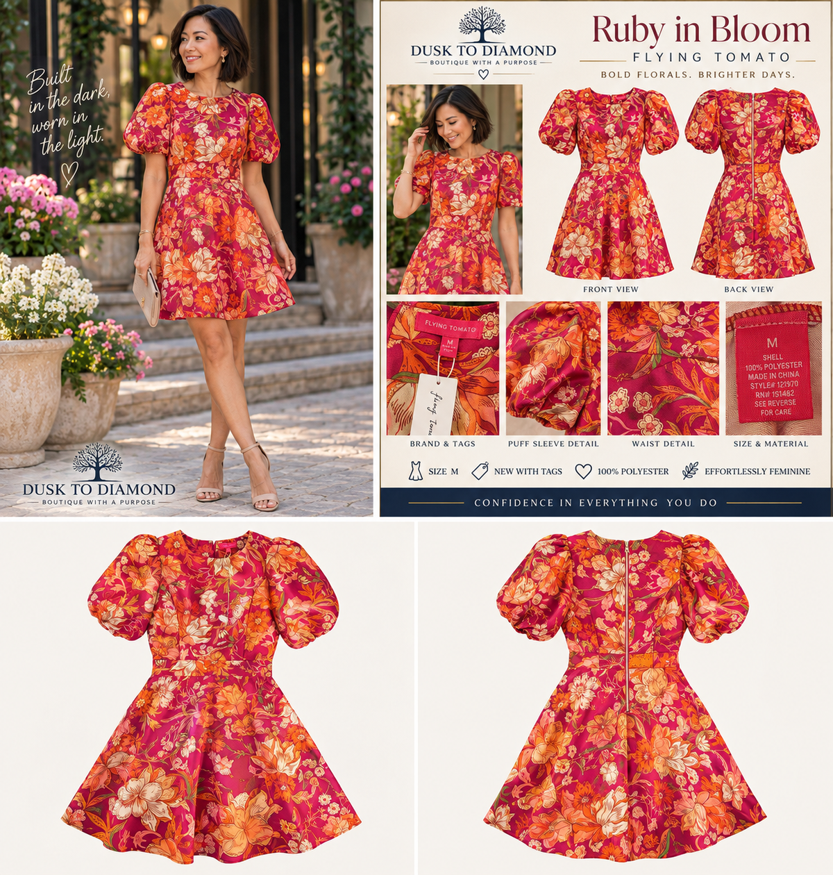Ruby in Bloom — Flying Tomato Floral Puff-Sleeve Dress | New With Tags | Size M