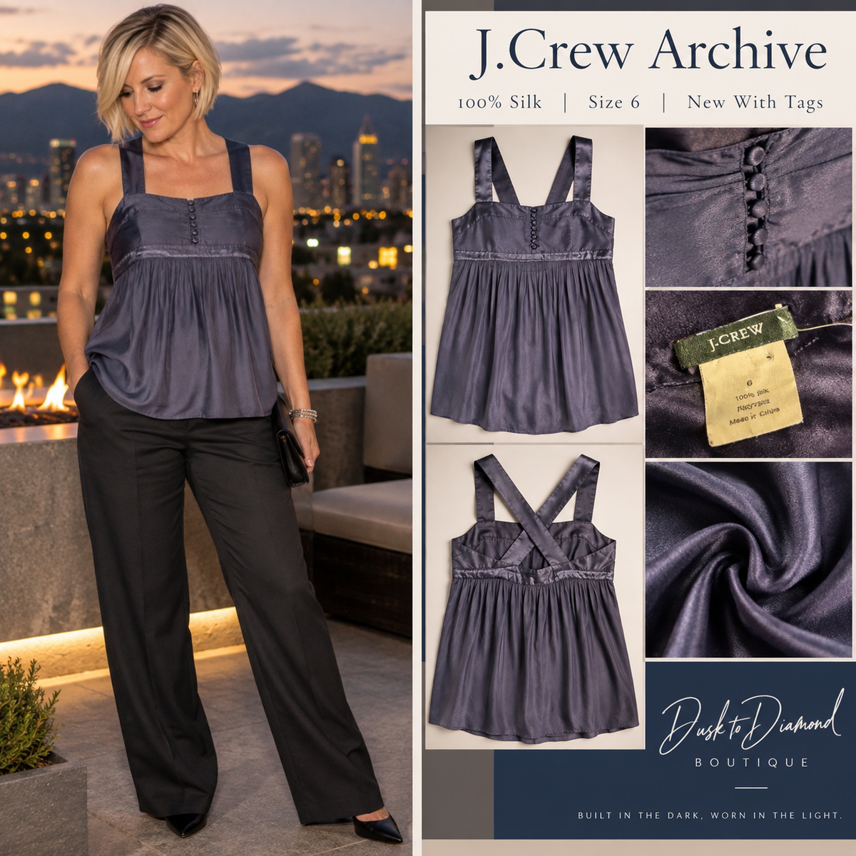 Crew 100% Silk Pleated Cross-Back Top – Dark Ink – Size 6 – NWT