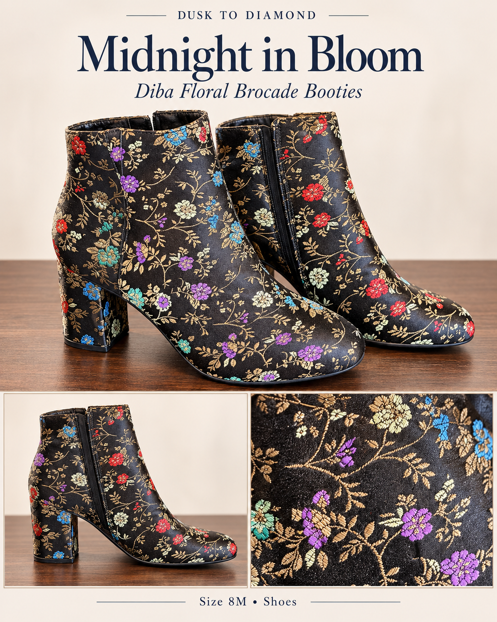 Midnight in Bloom — Diba Floral Brocade Booties 8M