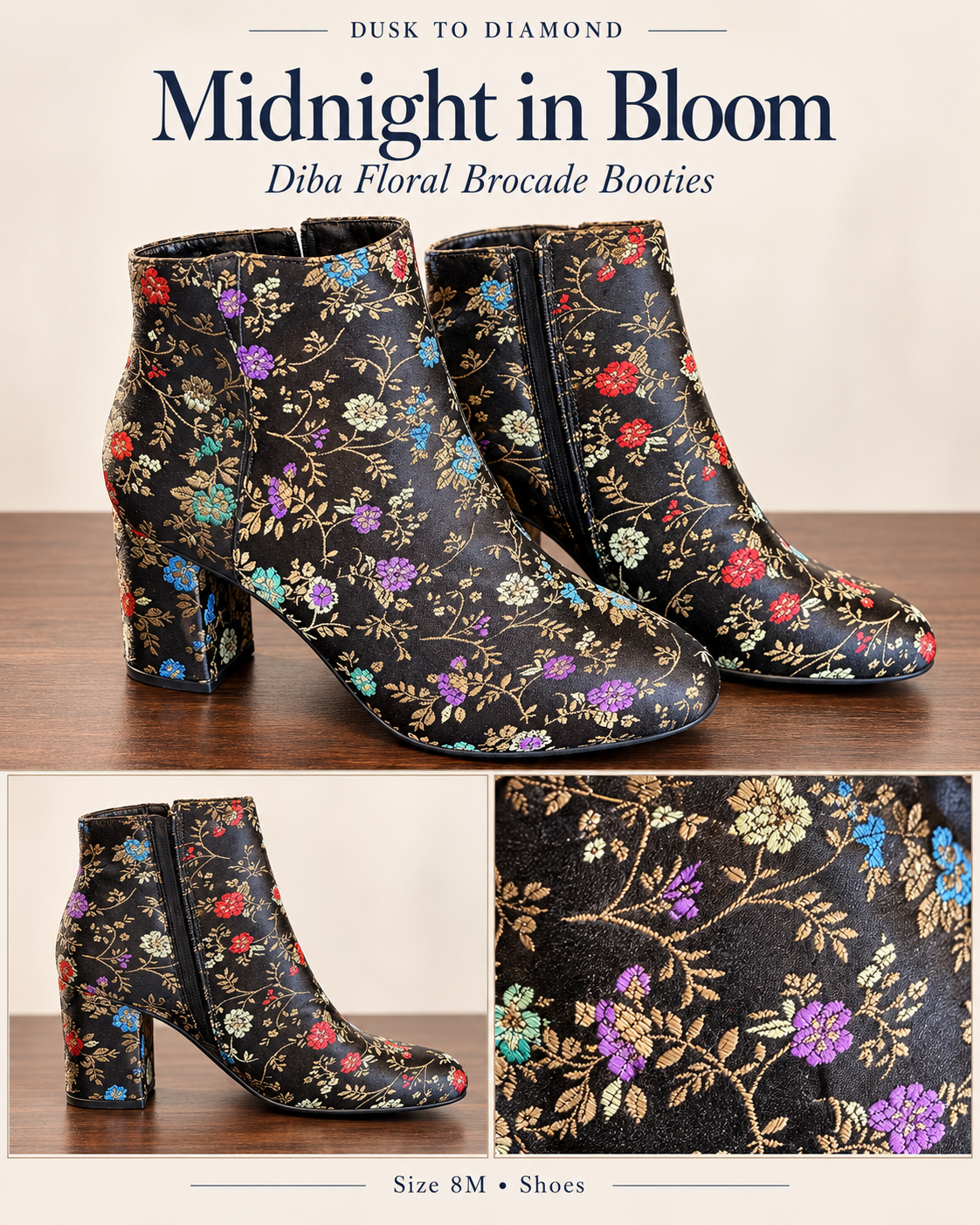 Midnight in Bloom — Diba Floral Brocade Booties 8M