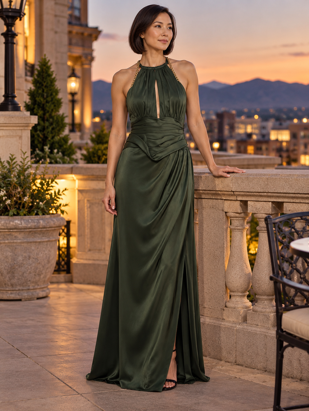 Gilded at Dusk — Galina Signature Tarragon Satin Gown | Size 6