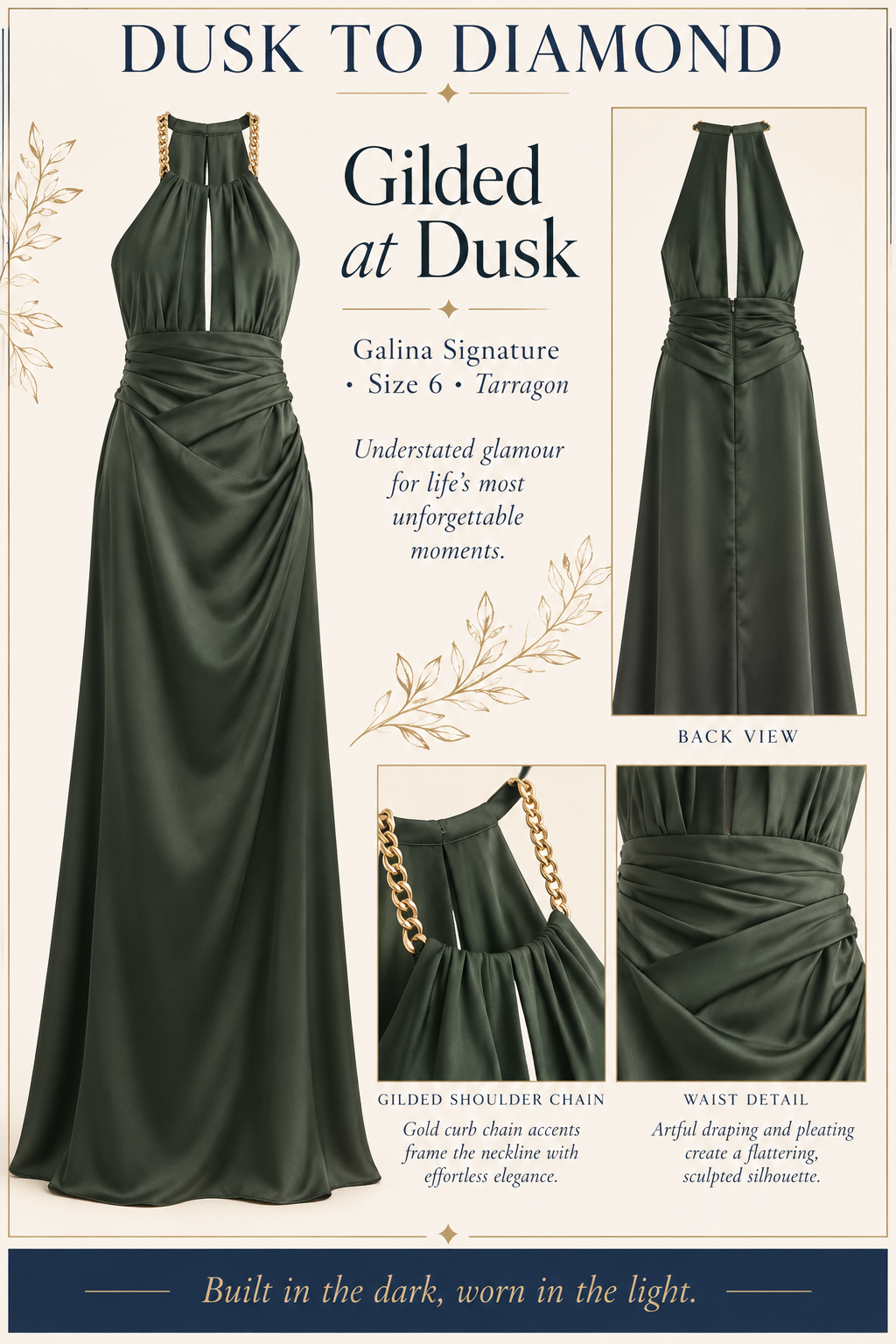 Gilded at Dusk — Galina Signature Tarragon Satin Gown | Size 6