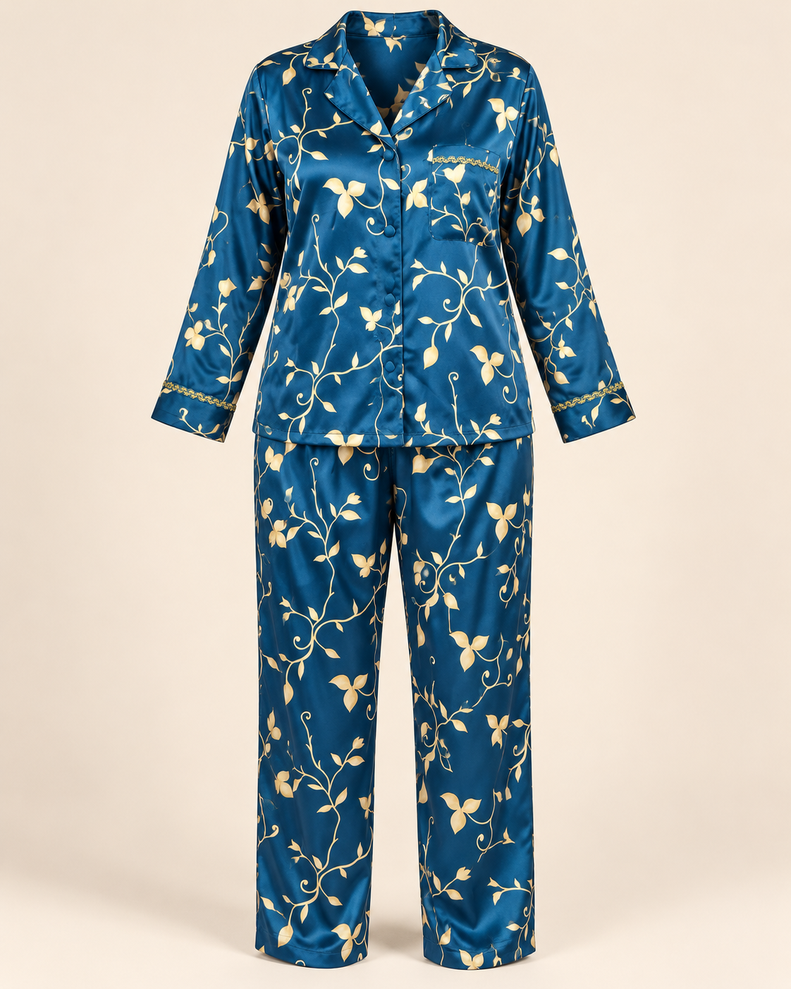 The Empress Is Unavailable | Teal & Gold Satin Pajama Set — Large