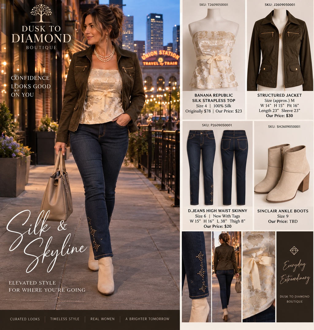 Silk & Skyline | Banana Republic Silk, Embellished Denim & Layered Jacket Look