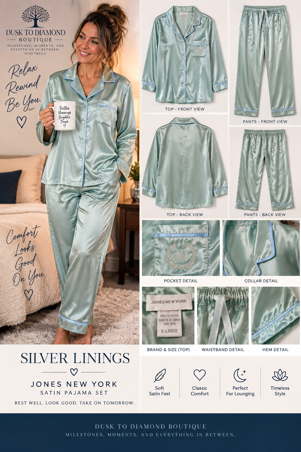 Silver Linings | Jones New York Seafoam Satin Pajama Set – XL