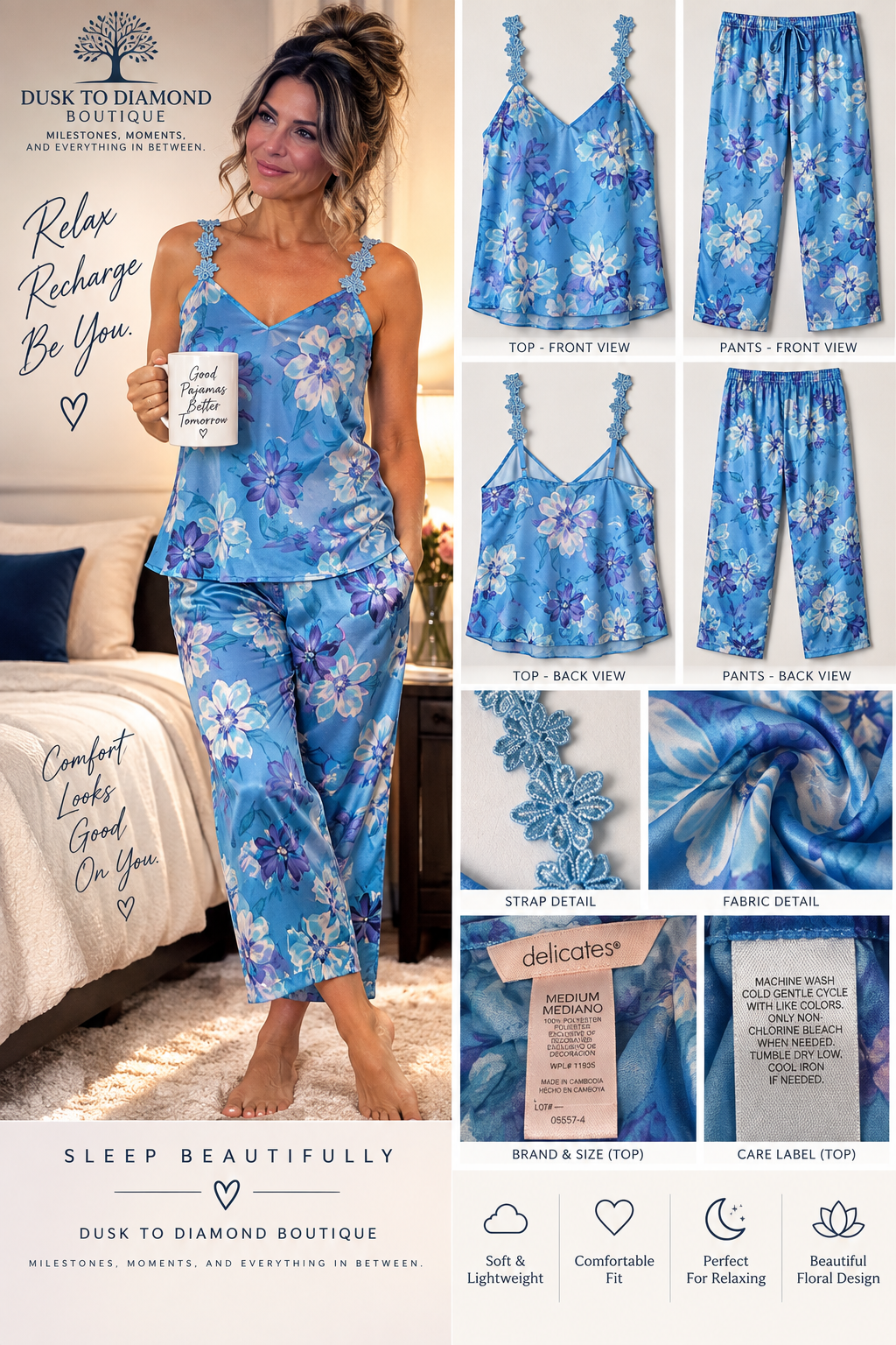 Blue Hour Blooms | Delicates Floral Cami & Satin Pajama Pants Set – Medium
