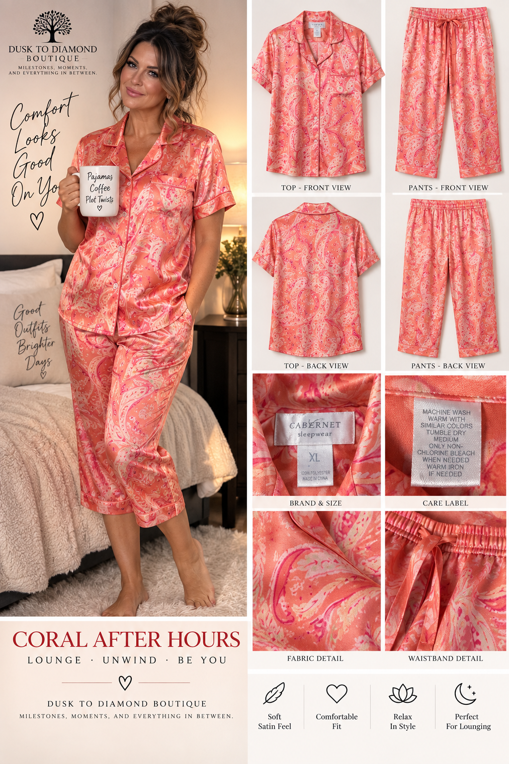 Coral After Hours” — Cabernet Sleepwear Coral Paisley Satin Capri Pajama Set, XL.