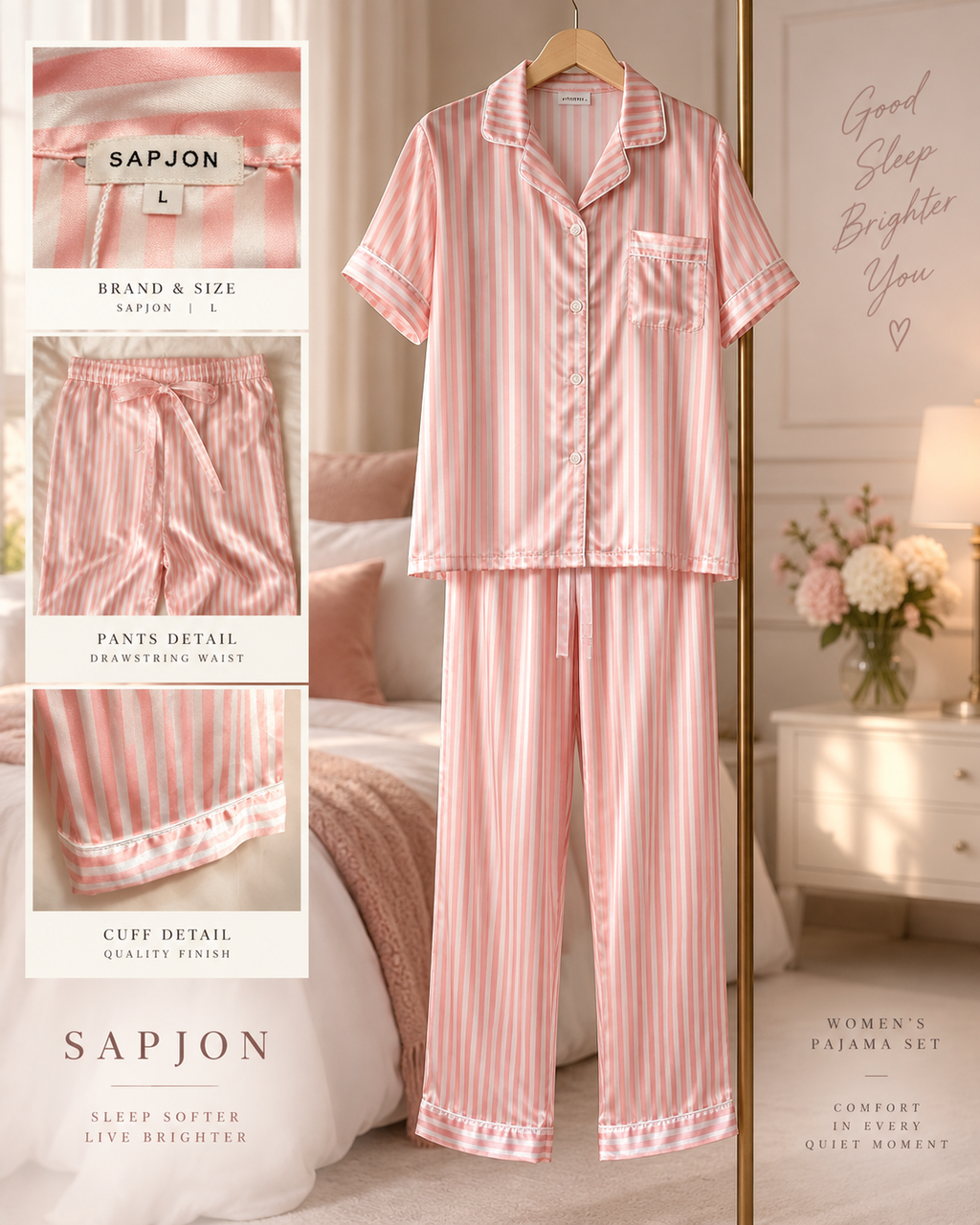 Pink After Hours | SAPJON Striped Satin Pajama Set – Size L