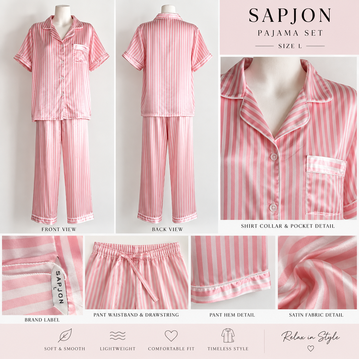 Pink After Hours | SAPJON Striped Satin Pajama Set – Size L