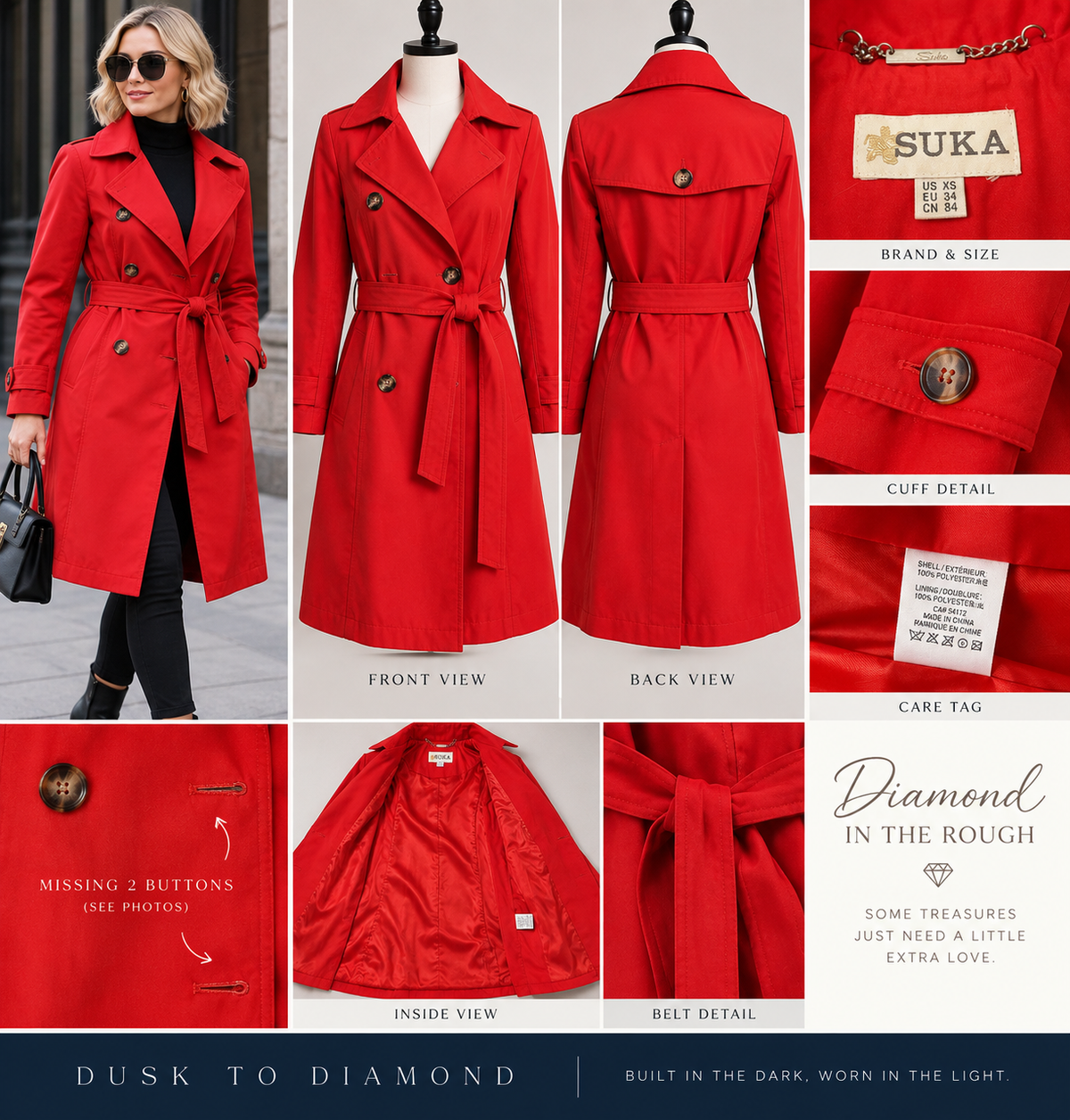 Scarlet Second Chance | Suka Red Trench Coat | XS | New, Missing 2 Buttons