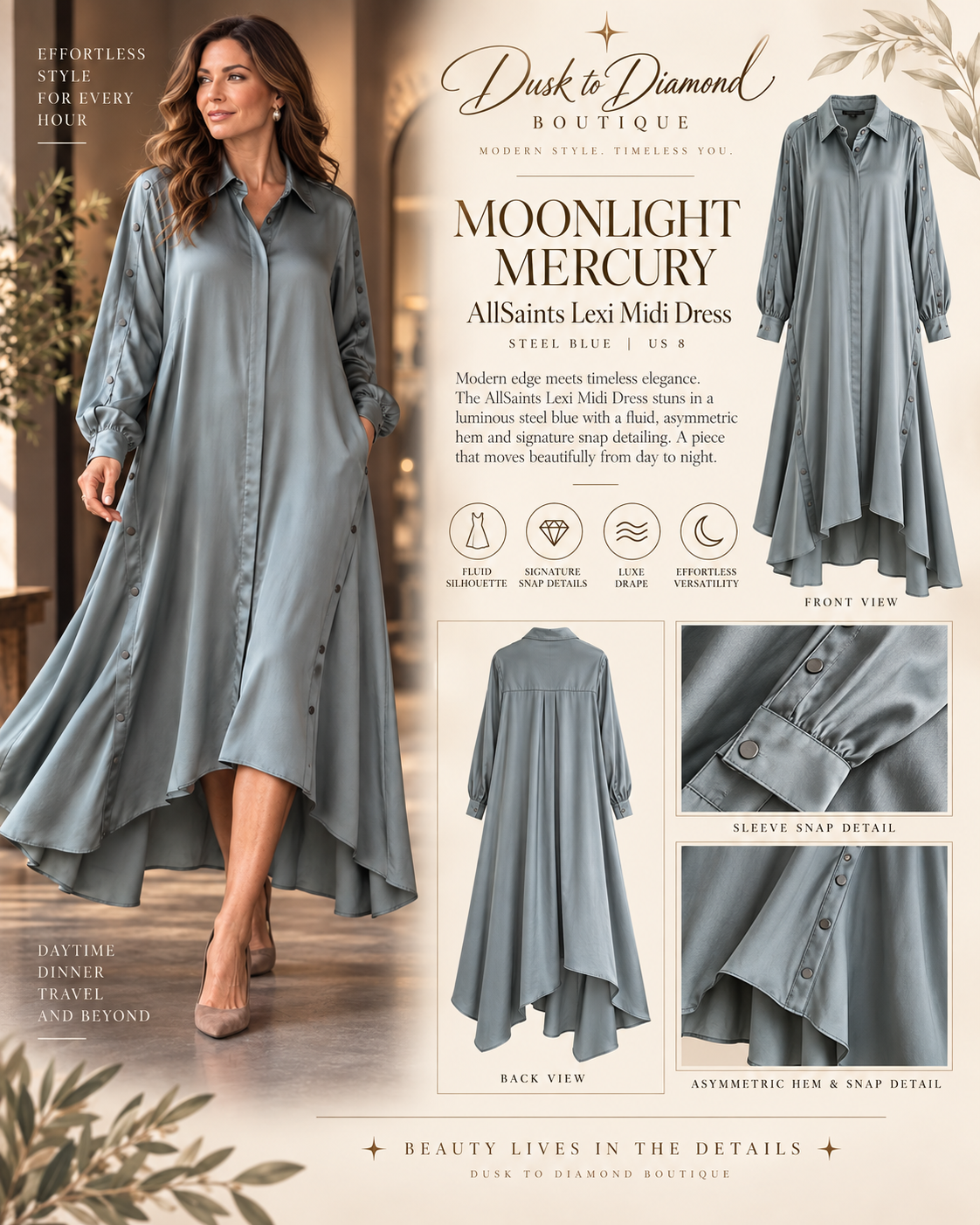 Moonlight Mercury — AllSaints Lexi Midi Dress | Excellent Pre-Loved Condition | US 8