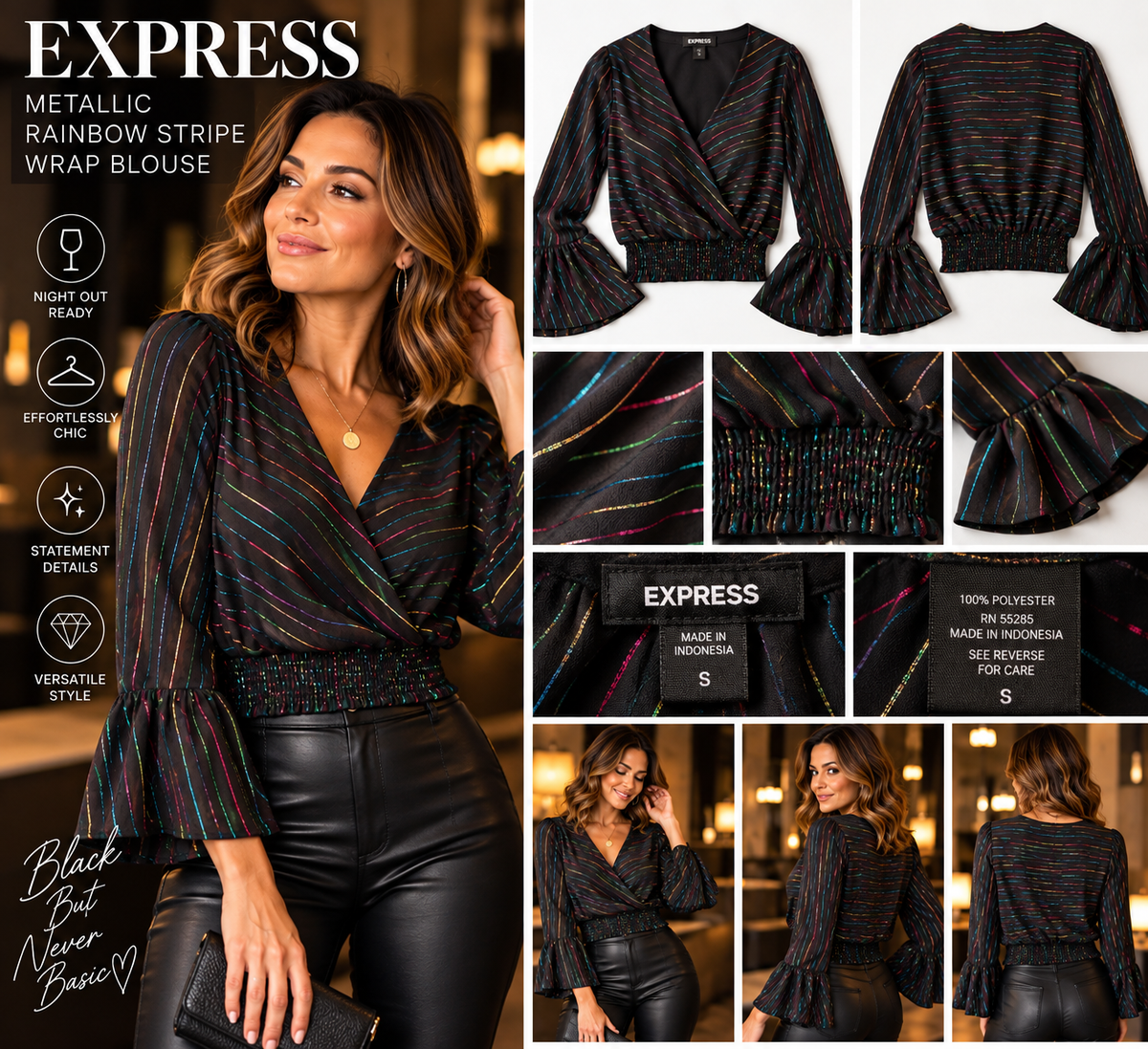 Express Black Metallic Rainbow Stripe Faux-Wrap Blouse – Size S