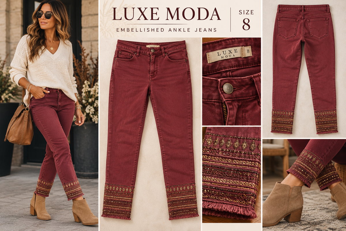 Luxe Moda Burgundy Embellished Jeans Size 8 | Dusk to Diamond