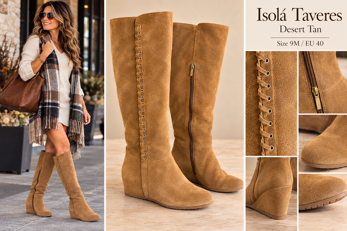 Isolá Taveres Desert Tan Suede Knee-High Wedge Boots | Size 9