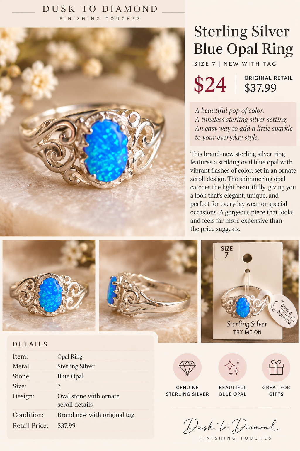 Sterling Silver Blue Opal Scroll Ring | Size 7 | New With Tag