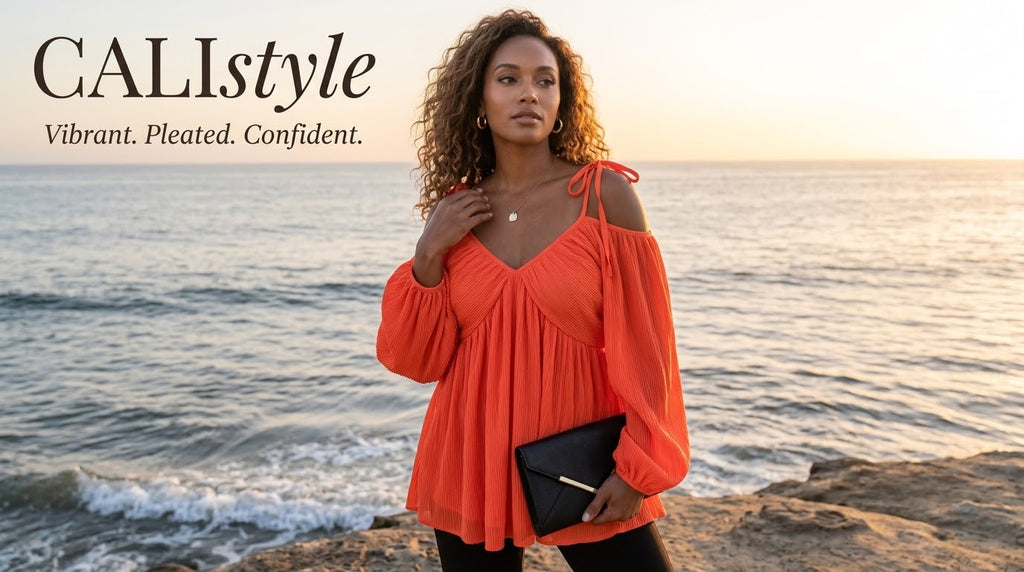 The Sunlit Radiance Coral-Orange Pleated Cold-Shoulder Blouse - Medium