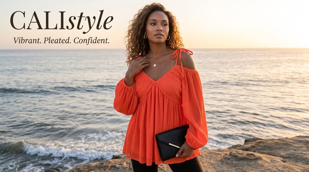 The Sunlit Radiance Coral-Orange Pleated Cold-Shoulder Blouse - Medium