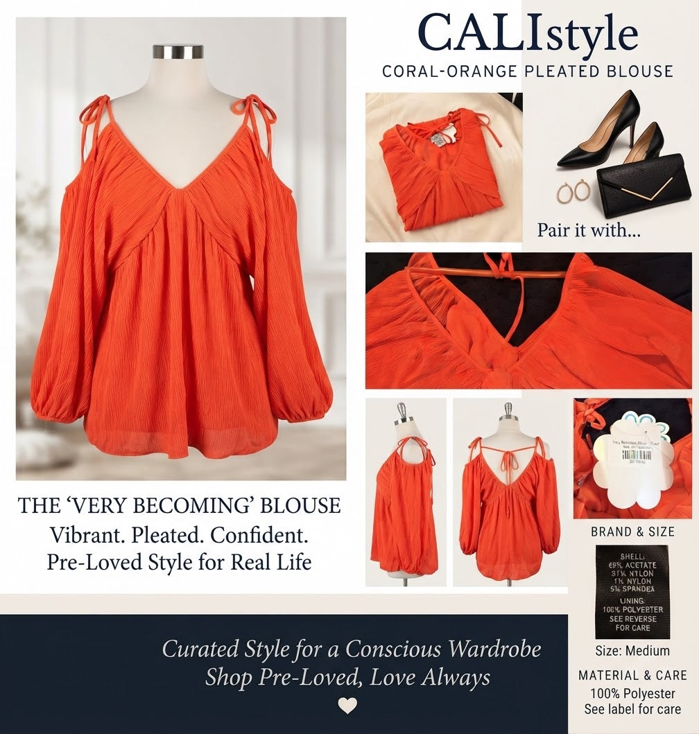 The Sunlit Radiance Coral-Orange Pleated Cold-Shoulder Blouse - Medium
