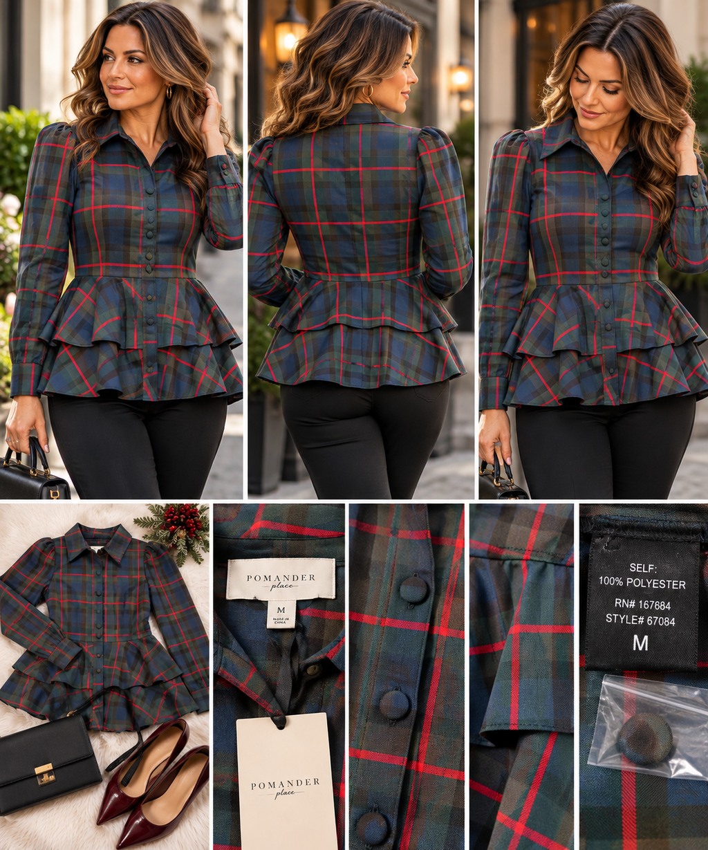 Pomander Place Fraser Plaid Ashley Blouse — Size Medium — NWT