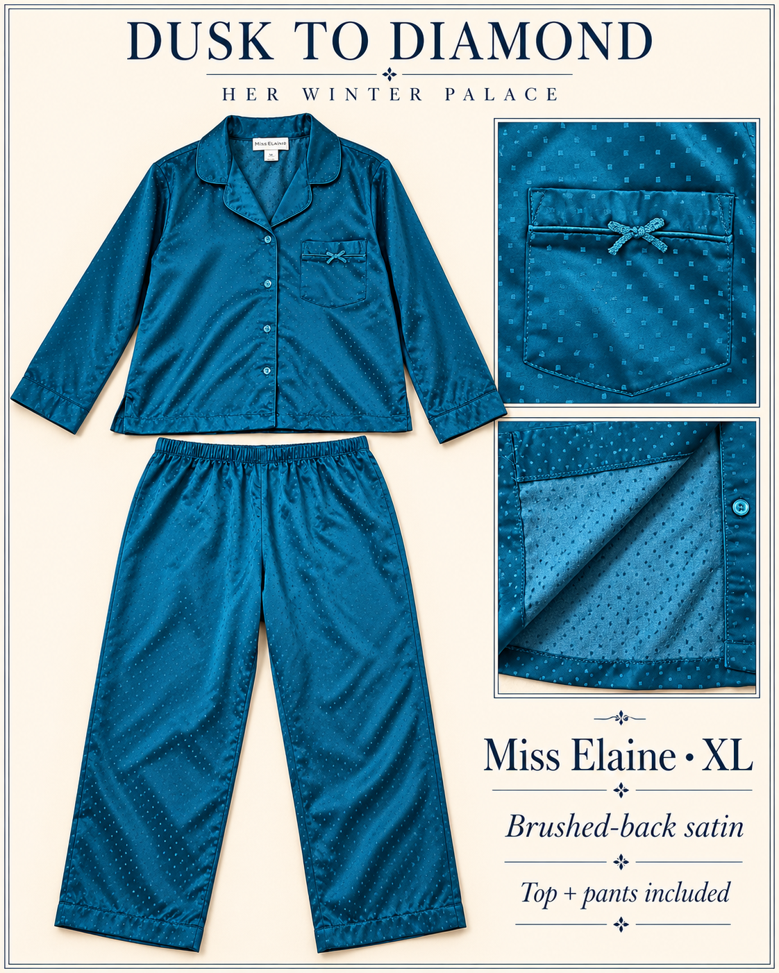 Her Winter Palace | Miss Elaine Brushed-Back Satin Pajamas — XL